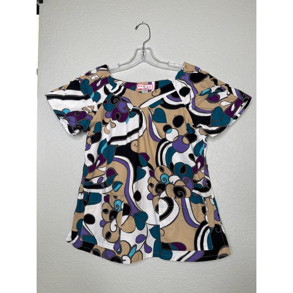 Koi Print Scrub Top Women’s M Teal Brown Purple Cotton Shirred Sleeve Pockets